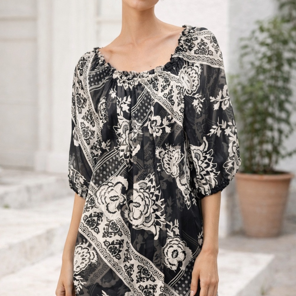 White House Black Market 100% silk floral Peasant Tunic M
